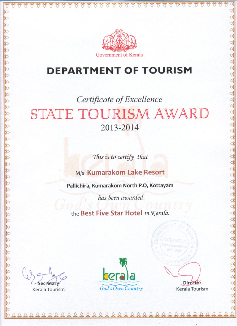 Kumarakom Lake Resort bags the Kerala State Tourism Award 2013 - 2014 - Best Five Star Hotel
